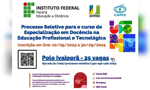 
						
							Polo UAB oferece 25 vagas gratuitas para especialização em Ivaiporã
						
						