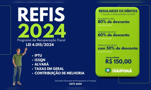 
						
							Prazo para adesão ao Refis 2024 de Ivaiporã termina no final do mês
						
						