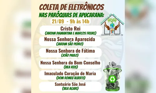 
						
							Paróquias de Apucarana promovem campanha de coleta de lixo eletrônico
						
						