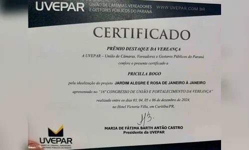 
						
							Vereadora de Jardim Alegre é premiada por projeto na saúde da mulher
						
						