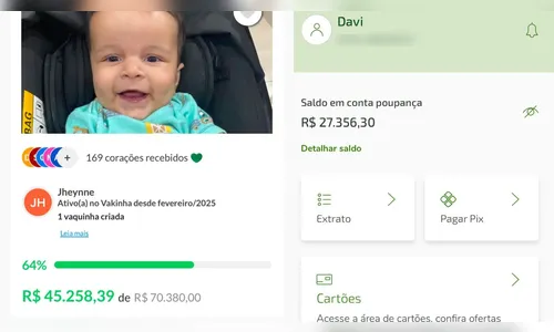 
						
							Bebê Davi atinge meta e arrecada mais de R$ 72 mil para fazer cirurgia
						
						