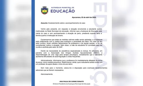 
						
							Mãe denuncia agressão contra filha autista em escola Apucarana
						
						