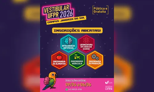 
							UFPR Jandaia do Sul abre inscrições para vestibular 2026; saiba mais
						
						