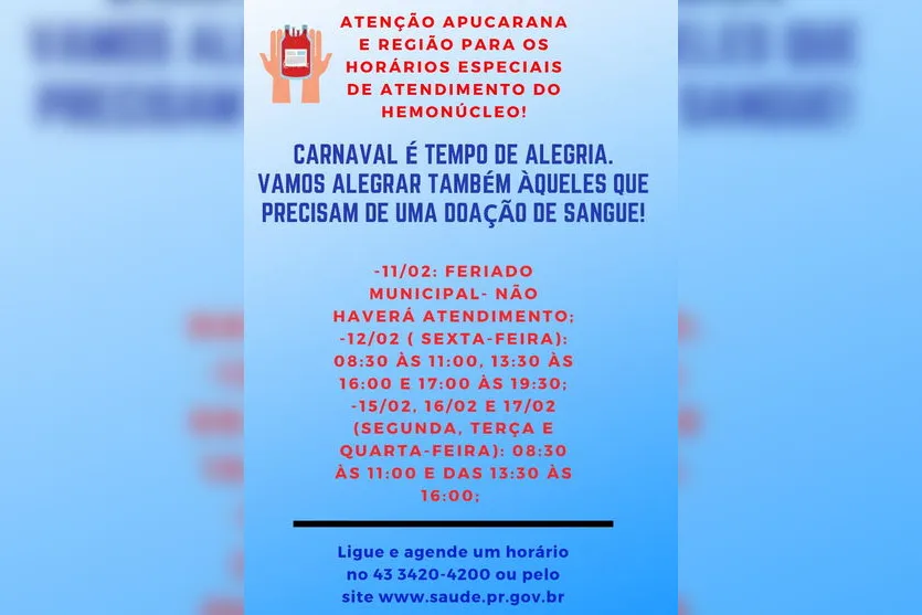Hemonúcleo de Apucarana divulga horário para doar sangue no Carnaval