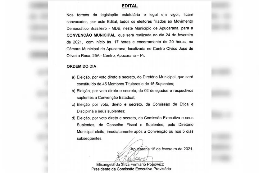 MDB convoca convenção municipal em Apucarana no dia 24 de fevereiro