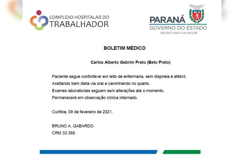 Secretário Beto  Preto está sem falta de ar e sem febre