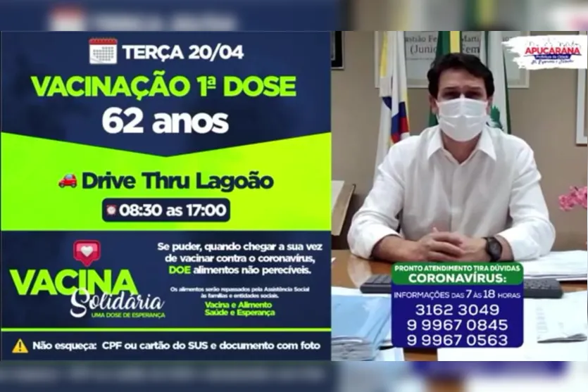 Apucarana Vacina 1ª dose em idosos de 62 anos na terça-feira