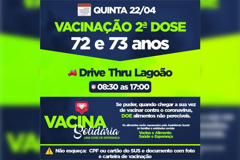 Apucarana anuncia 2ª dose para idosos de 72 e 73 anos