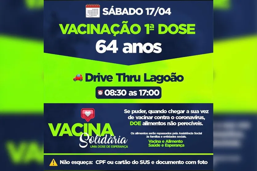 Apucarana vacina idosos de 64 anos neste sábado