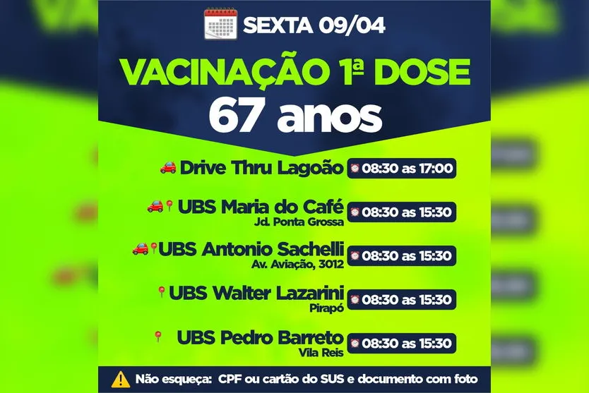 Apucarana vacina idosos de 67 anos nesta sexta