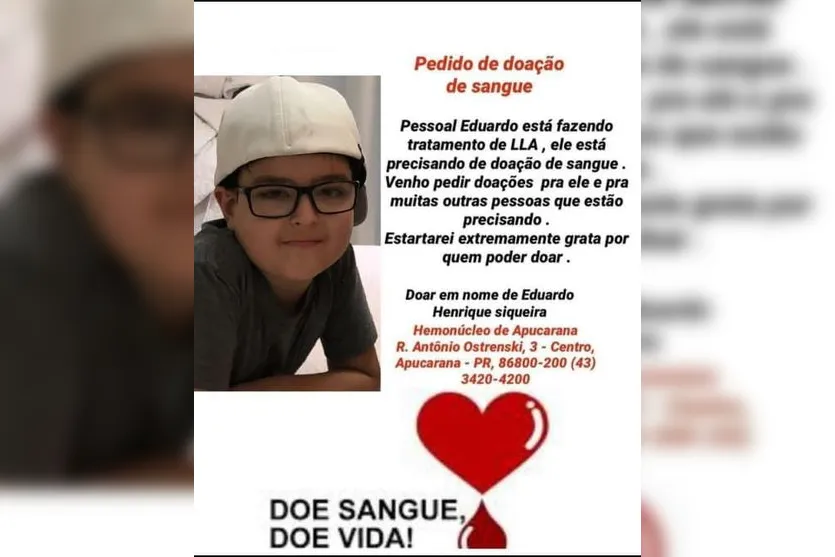 Campanha: Garoto de 8 anos precisa de doações de sangue