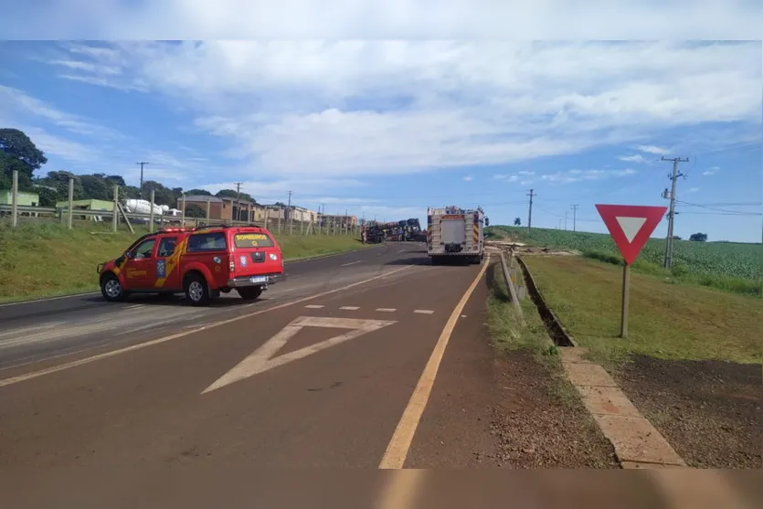 Carreta carregada com madeira tomba e bloqueia BR-376; veja