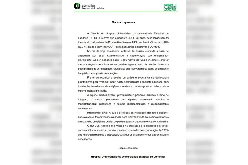 Com medo de ser entubado, paciente foge do HU; assista