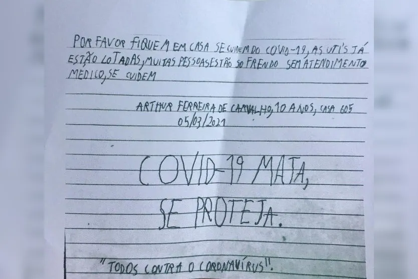 Criança de 10 anos envia cartas a vizinhos para pedir que fiquem em casa