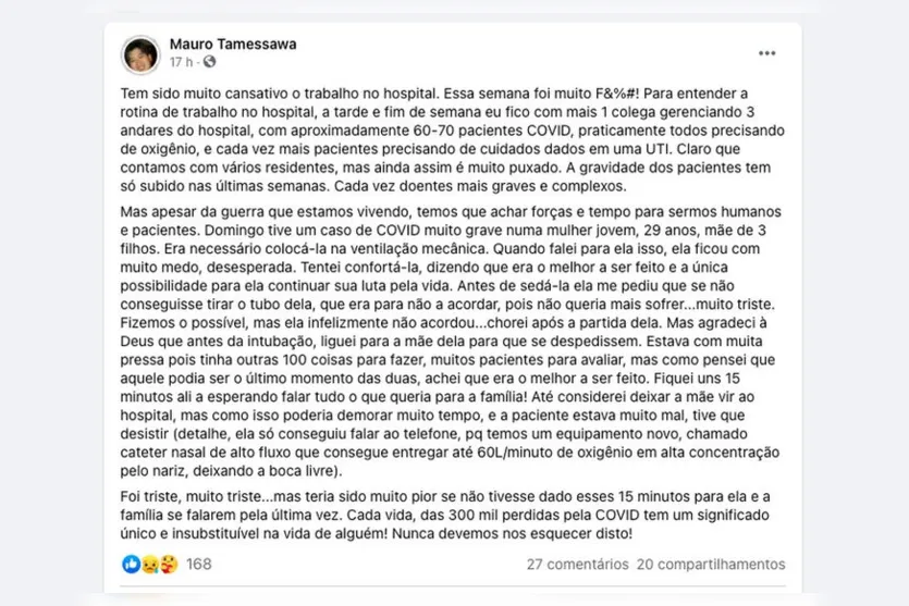 Nas redes sociais, médico diz que chorou morte  de paciente