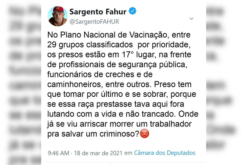 Sargento Fahur critica ordem de vacinação contra Covid-19