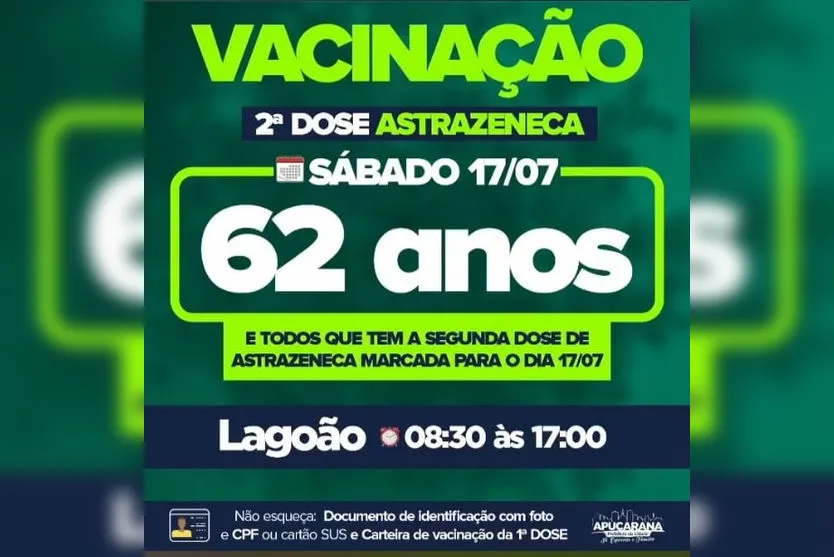 Apucarana anuncia vacinação da 2ª dose da AstraZeneca