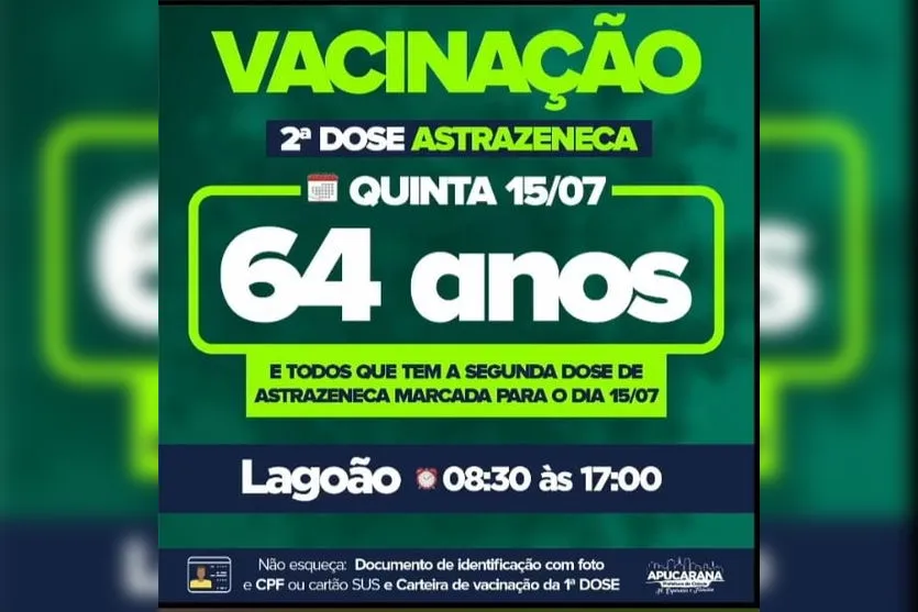 Apucarana anuncia vacinação da 2ª dose da AstraZeneca