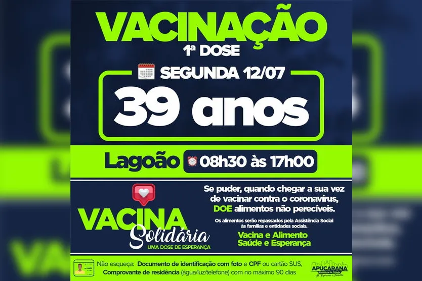 Apucarana divulga nova etapa da vacinação contra a Covid-19