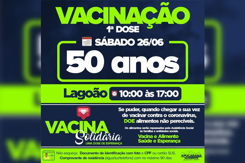 Apucarana vacina motoristas e pessoas que tem 50 anos