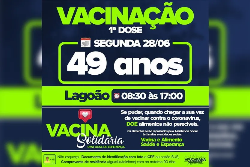 Apucarana vacina motoristas e pessoas que tem 50 anos