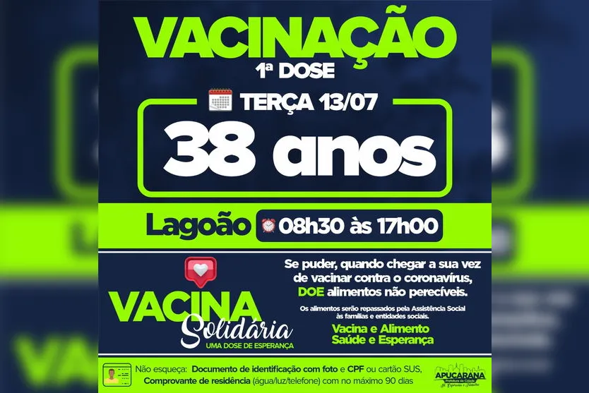Apucarana vacina nesta terça-feira pessoas de 38 anos