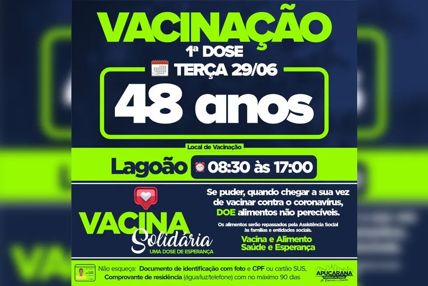 Apucarana vacina pessoas de 48 anos nesta terça-feira