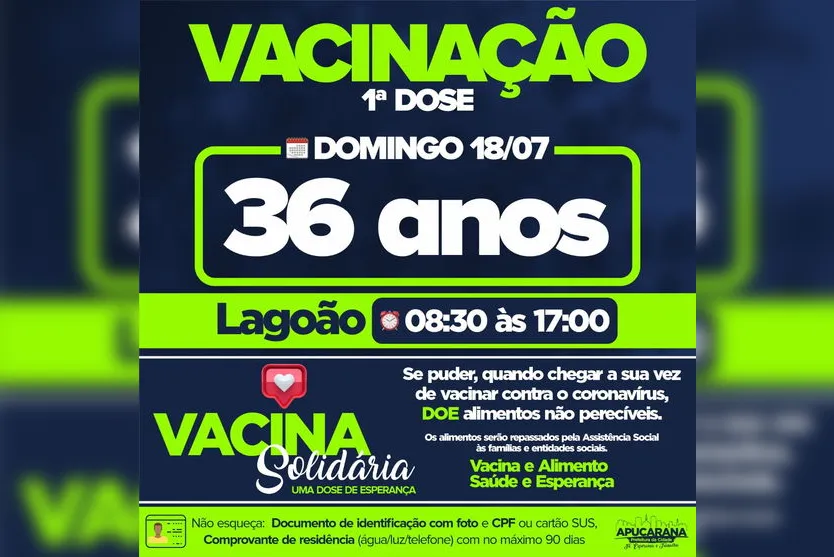 Apucarana vacina população de 36 anos neste domingo
