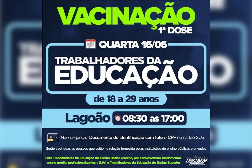 Apucarana vacina trabalhadores da educação nesta quarta