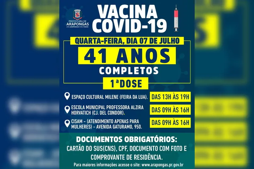 Arapongas vacina pessoas com 42 e 41 anos na próxima semana