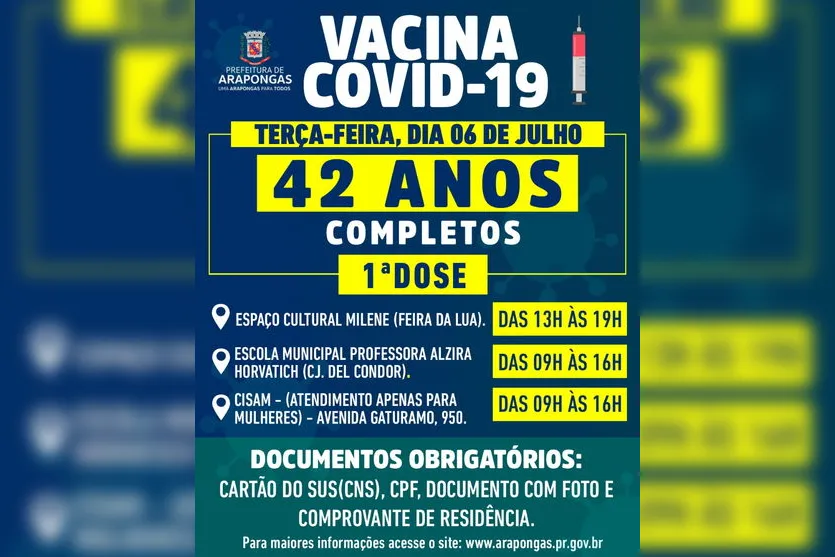 Arapongas vacina pessoas com 42 e 41 anos na próxima semana