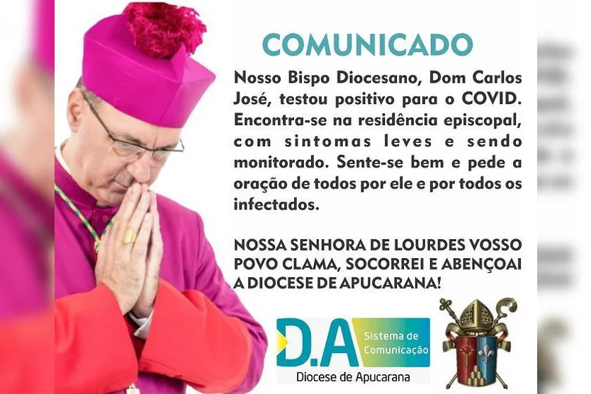 Bispo de Apucarana Dom Carlos testa positivo para Covid-19