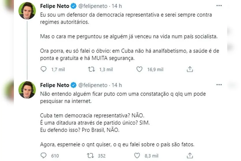 Felipe Neto é rebatido por jovem cubana ao defender o regime