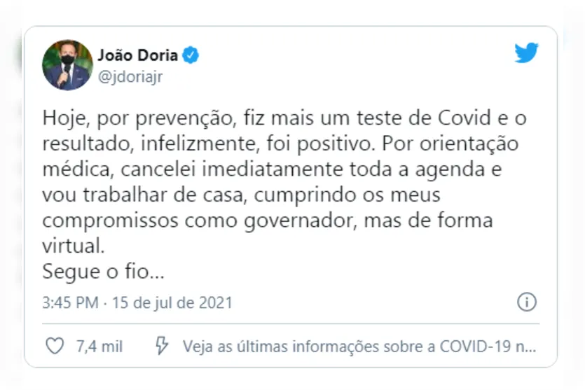 João Doria testa positivo para Covid pela segunda vez