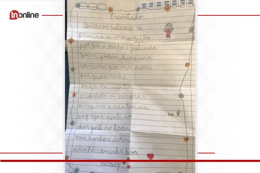  Micaely, de 9 anos, escreveu uma carta para a Polícia Militar pedindo uma cama nova de presente 