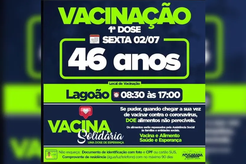 Pessoas com 46 anos serão imunizadas em Apucarana