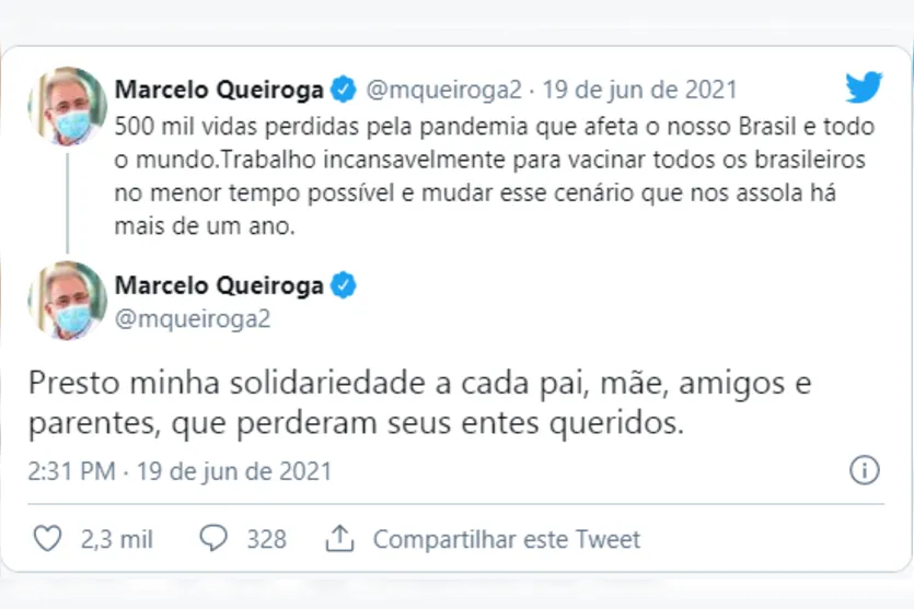Queiroga lamenta a morte de 500 mil brasileiros pela covid