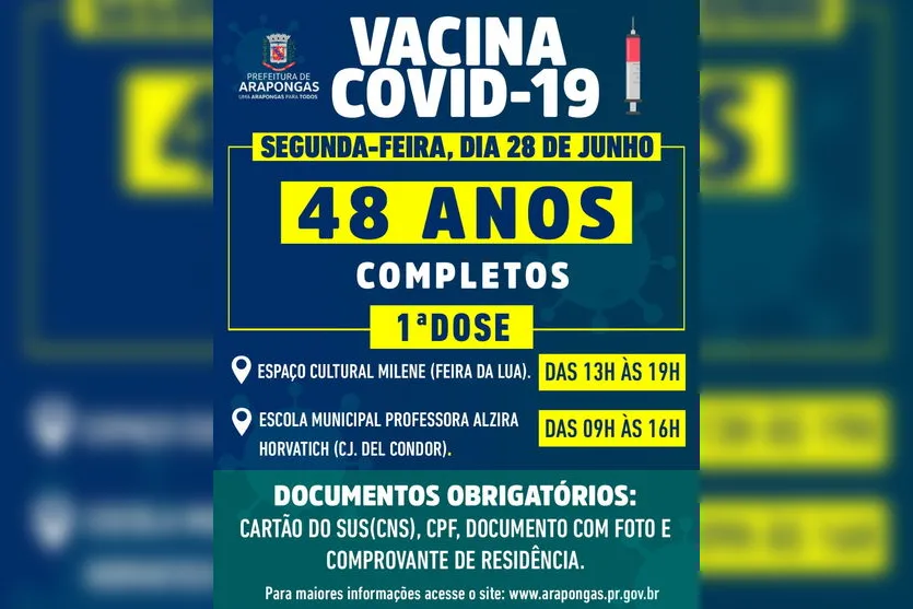 Saúde amplia vacinação para pessoas de 46 a 48 anos
