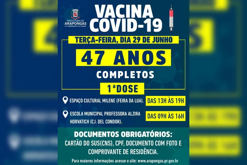 Saúde amplia vacinação para pessoas de 46 a 48 anos