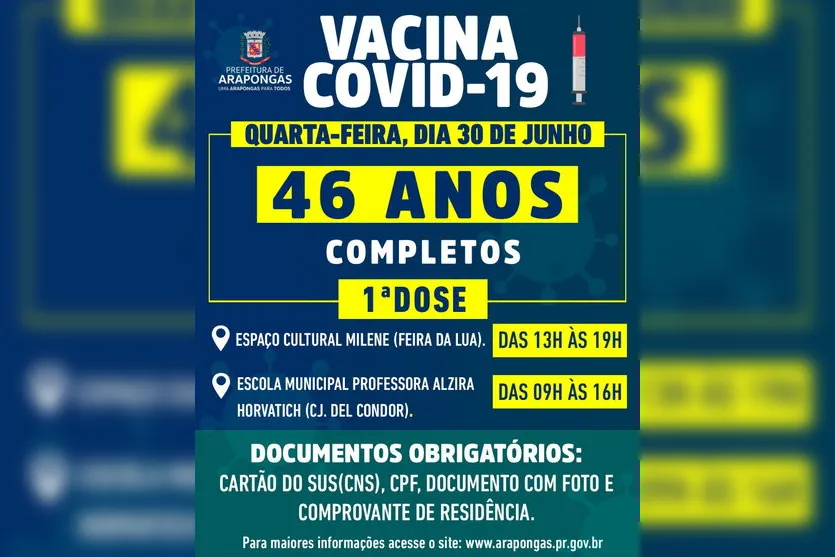 Saúde amplia vacinação para pessoas de 46 a 48 anos