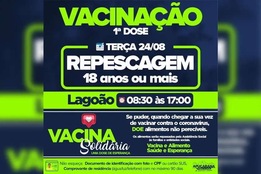 Apucarana anuncia repescagem da vacina e segunda dose