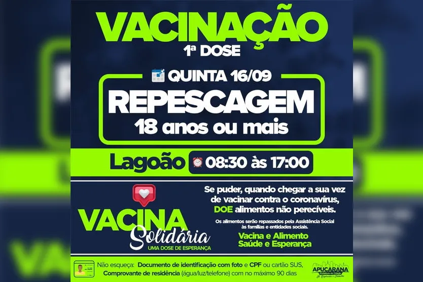 Apucarana faz repescagem de 1ª e 2ª dose de vacinação
