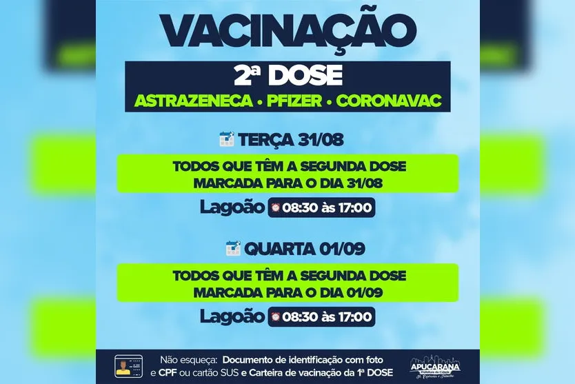 Apucarana segue com vacinação da segunda dose nesta quarta