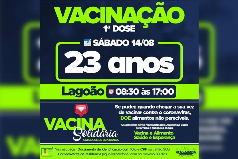 Apucarana vacina pessoas com 23 anos no sábado