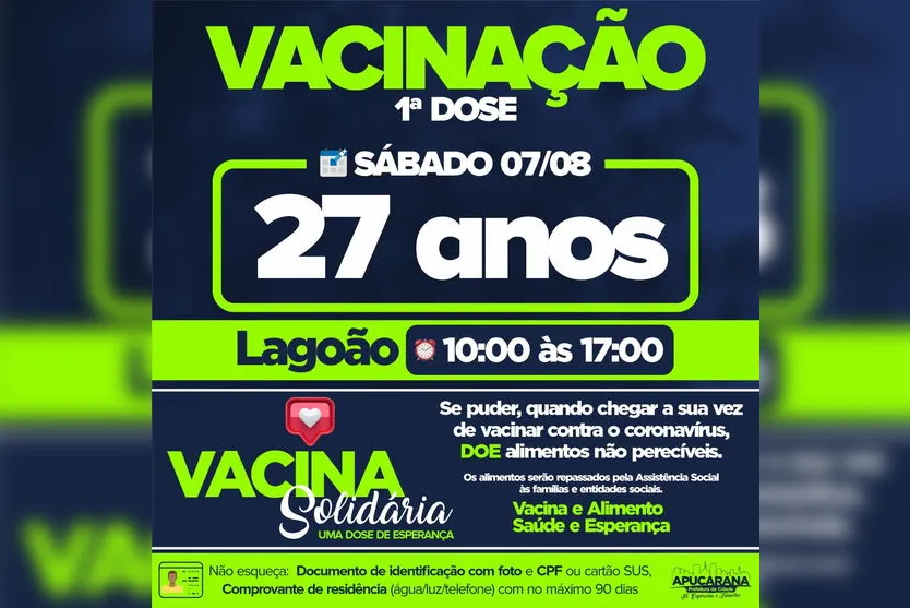 Apucarana vacina pessoas com 27 anos no sábado