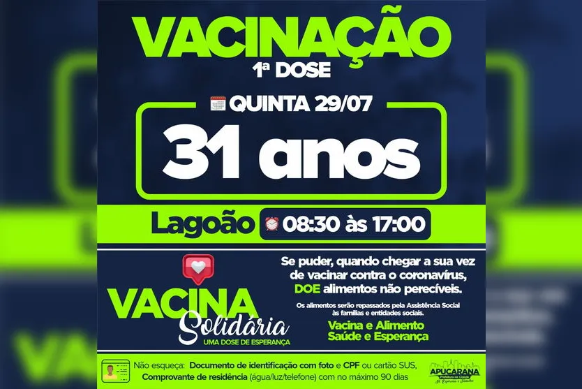 Apucarana vacina pessoas com 31 anos nesta quinta