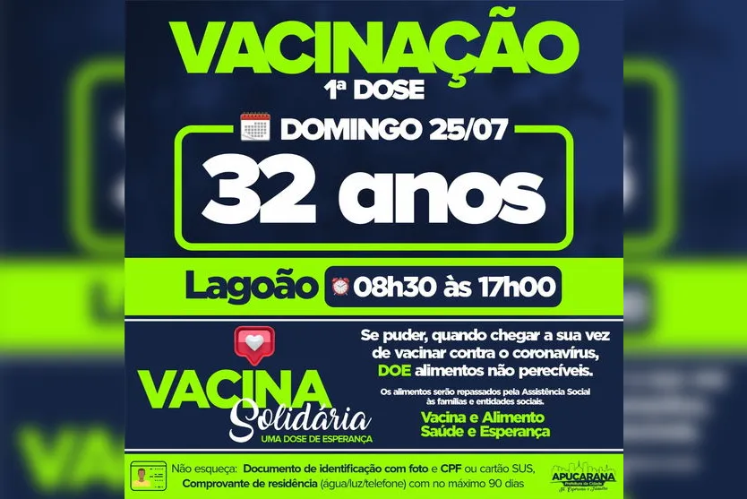 Apucarana vacina pessoas com 33 e 32 anos no final de semana