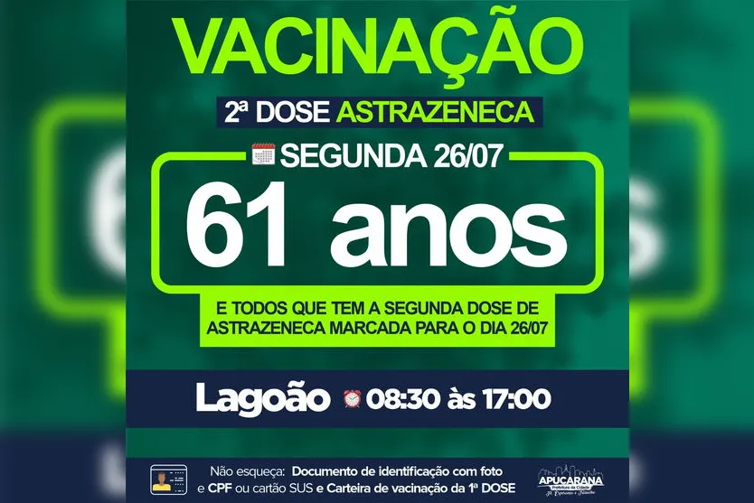 Apucarana vacina pessoas com 33 e 32 anos no final de semana