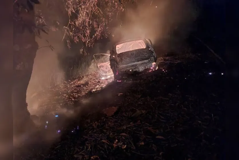  Carro saiu da pista, bateu contra uma árvore e pegou fogo em Borrazópolis, Paraná. Uma pessoa morreu. 