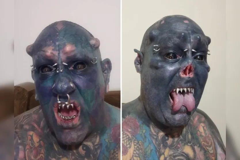 "Caveira": homem com tatuagens em 99% do corpo mutila nariz